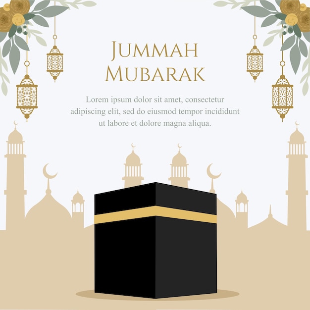 Jumma mubarak islamitische vectorillustratie met kaaba in witte en gouden banner achtergrond