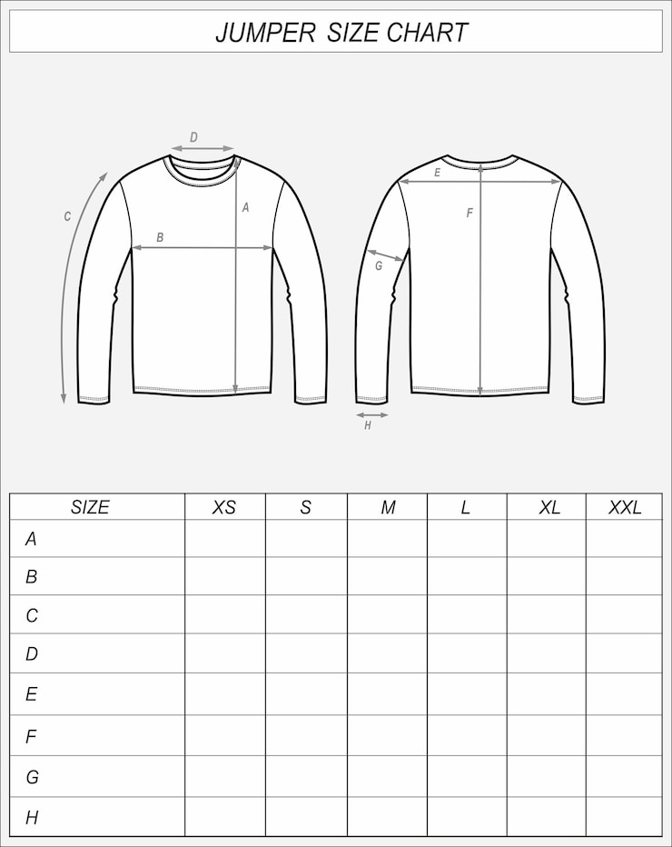 Vector jumper size chart sweatshirt front and back