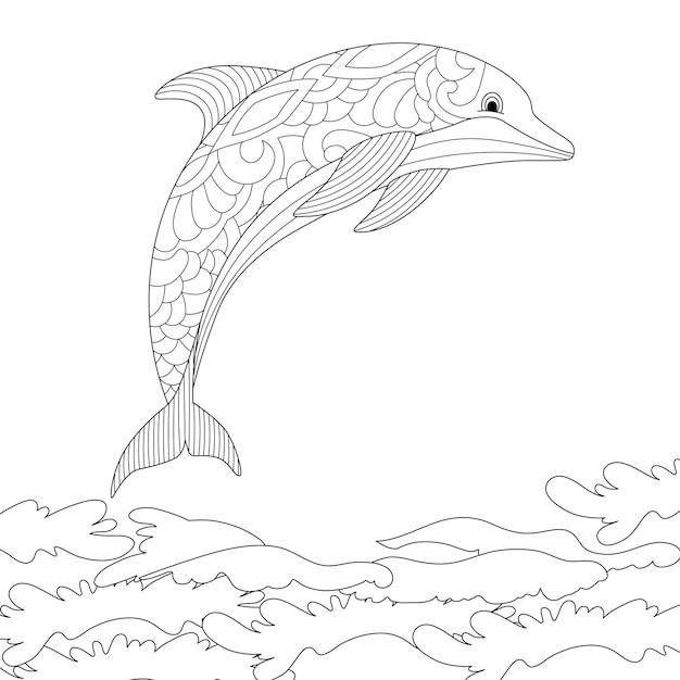 Jumping baby dolphin geometric sea wave ornaments coloring book for adults