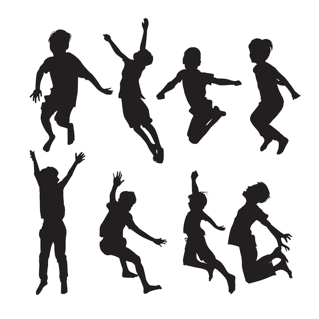 Jumping boys silhouettes in different poses set of shapes