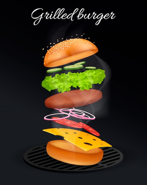 Vector jumping burger ads, delicious and attractive cheeseburger with refreshing ingredients in 3d illustration on black .  .