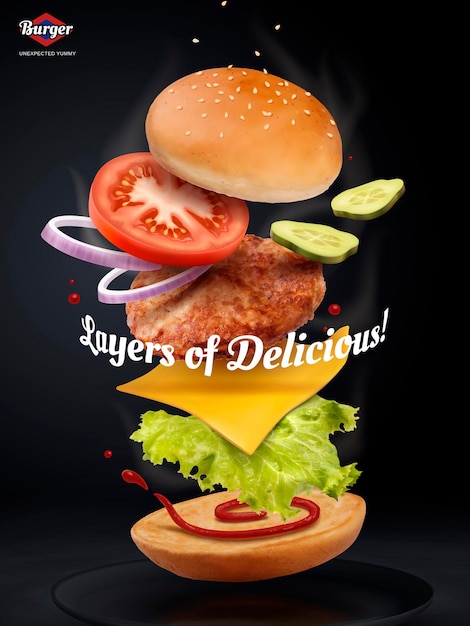 Vettore annunci di jumping burger, hamburger delizioso e attraente con ingredienti rinfrescanti in illustrazione 3d su sfondo nero