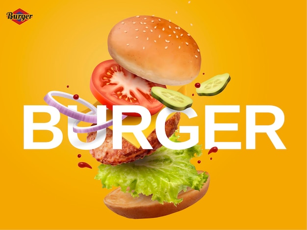 Jumping Burger ads, delicious and attractive hamburger with refreshing ingredients in 3d illustration on chrome yellow background