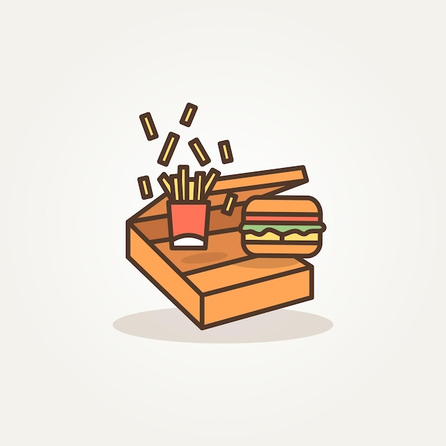 Jumping burger and Potatoes french fries in the food boxes simple flat icon vector illustration