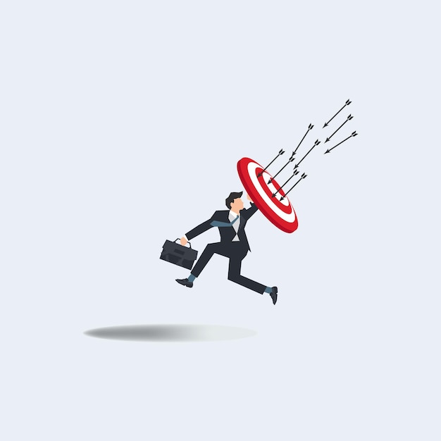 Jumping businessman holding the target shield protecting himself from the arrows Business protection concept illustration