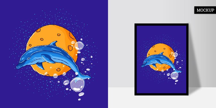 Vector jumping dolphin against the background of the moon