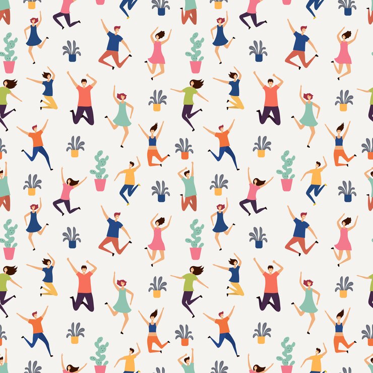 Vector jumping and flying people seamless pattern. plants and happy humans texture