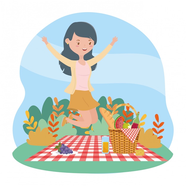 Jumping happy woman basket food picnic nature landscape