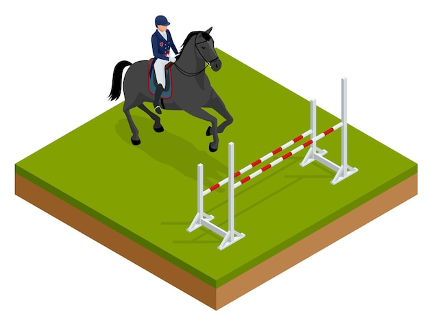 Vettore salto di cavallo e cavaliere che si esercitano in pista. illustrazione vettoriale isometrica campione. corsa di cavalli. ippodromo. pista. salta la pista.