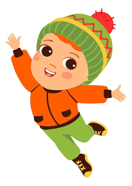 Jumping kid in cold weather clothes. autumn outdoor child activity