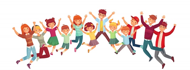 Jumping kids. Excited childrens jump  or exercising together illustration isolated set