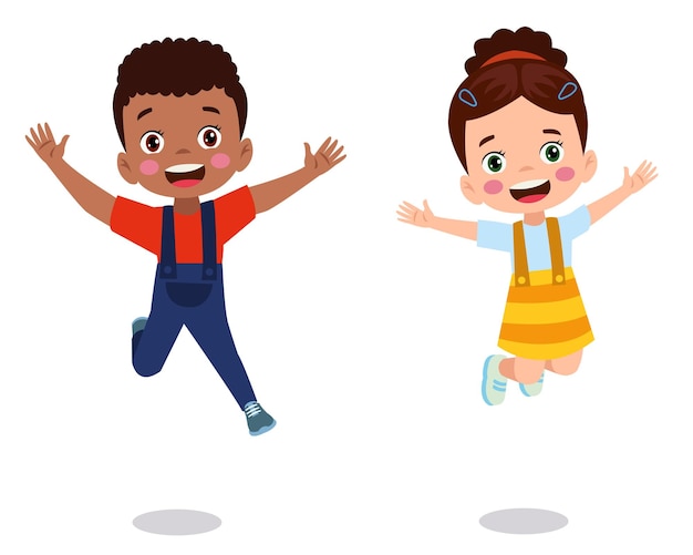 Jumping kids Happy funny children playing and jumping in different action poses education little team vector characters Illustration of kids and children fun and smile