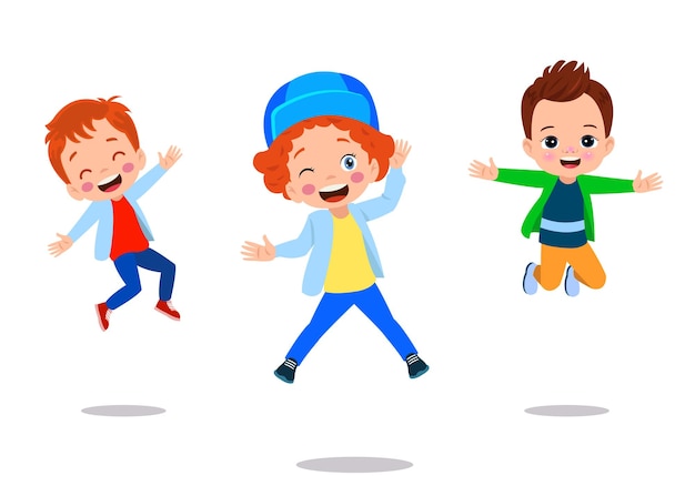 Jumping kids Happy funny children playing and jumping in different action poses education little team vector characters Illustration of kids and children fun and smile