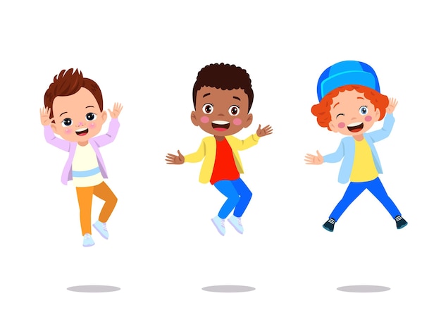 점프하는 아이들, 놀고, 다른 행동에 뛰어드는 행복한 재미있는 아이들은 작은 팀 벡터 캐릭터를 교육합니다. 아이들과 아이들의 재미와 미소