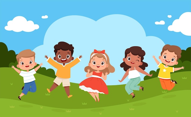 Прыгающие дети на детской площадке. солнечная погода и игра счастливая группа детей летний кемпинг расслабиться вектор радостный праздник фон. летний детский сад на открытом воздухе, детская площадка, иллюстрация парка