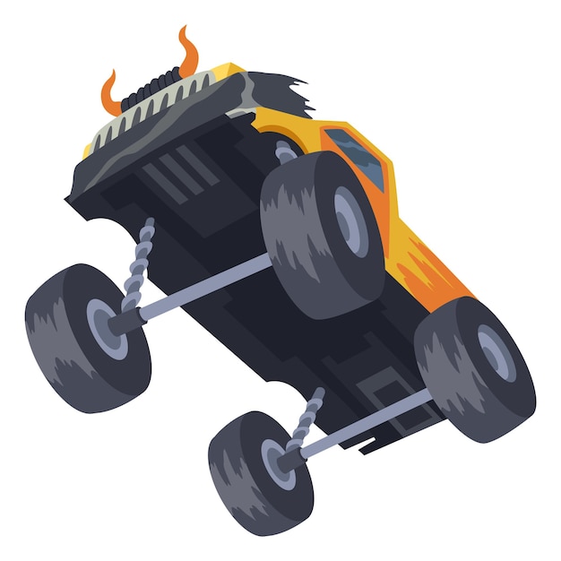 Jumping monster truck show bright colorful cartoon auto with big wheels car with large tires for rally 4x4 computer or mobile game vector cartoon illustration