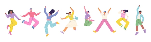 Jumping of people of different races and styles. flat design style vector illustration.