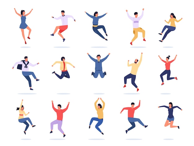 Jumping people happy young characters express emotions teen group in colorful trendy clothes vector joyful flying persons in motion male and female avatars