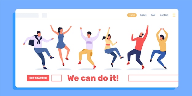 Vector jumping people landing web page template with happy friends dancing together and have fun vector positive motivation and success concept