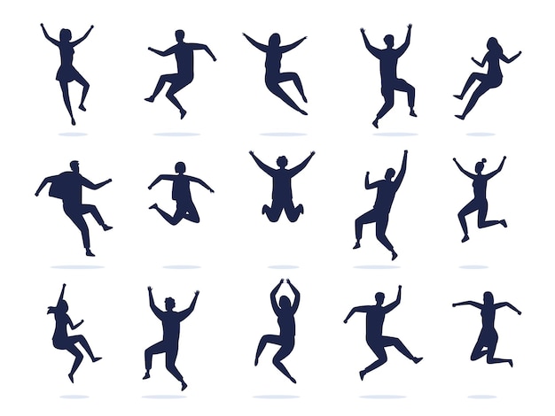 Vector jumping people silhouette happy active dancing men and women celebrating and have fun vector black symbols of boys and girls enjoy party