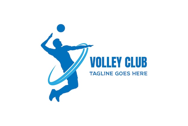 Jumping spike smash man silhouette con palla per volley sport club logo design vector