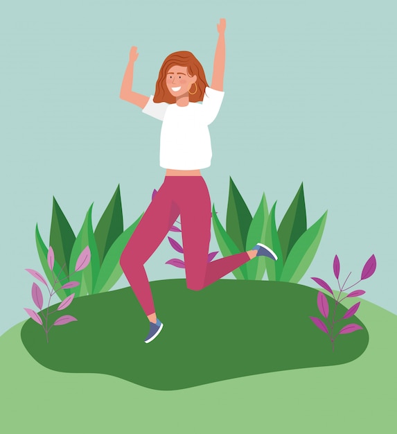 Vector jumping woman in the meadow with foliage