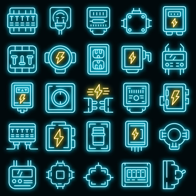 Junction box icons set vector neon