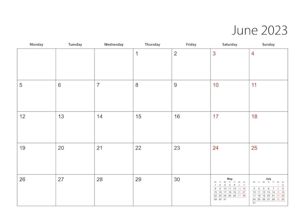 Vector june 2023 simple calendar planner week starts from monday