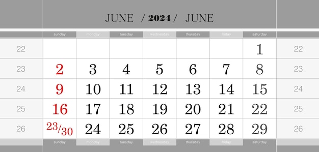 Блок квартального календаря на июнь 2024 года. Настенный календарь на английском языке. Неделя начинается с воскресенья.