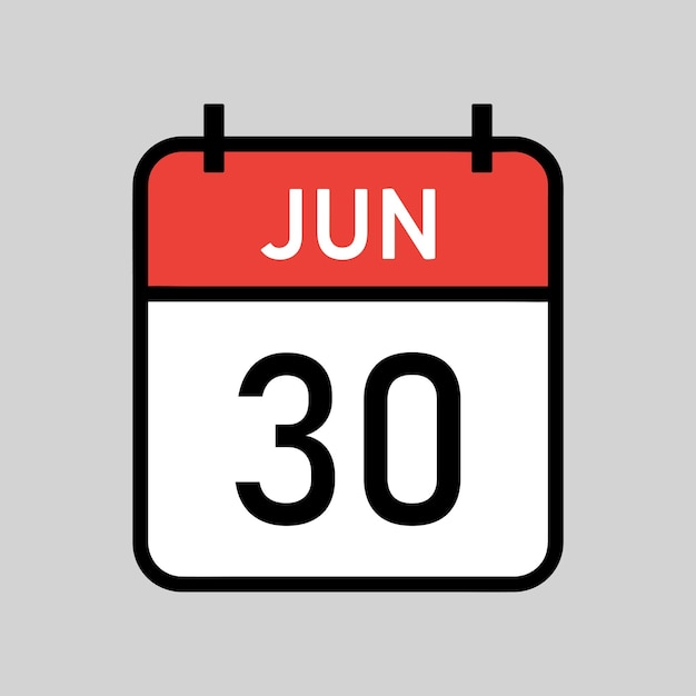 30 июня красно-белая цветная страница календаря с черным очертом и векторной иллюстрацией даты календаря