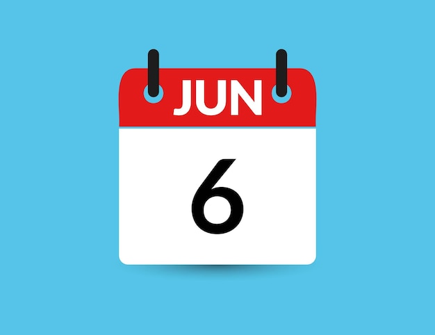 June 6 Flat icon calendar isolated on blue background Date and month vector illustration