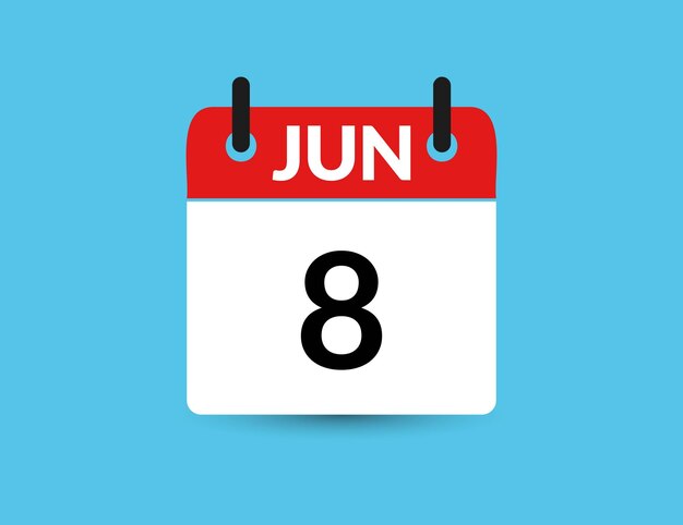 June 8 Flat icon calendar isolated on blue background Date and month vector illustration