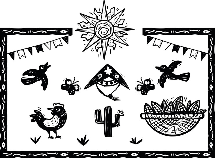 वेक्टर june festival elements animals flags corn and butterfly