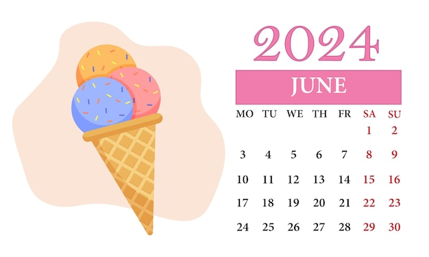 6月 マンスリーカレンダー 2024 アイスクリーム付き
