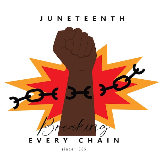 Juneteenth freedom day un pugno chiuso che spezza ogni catena dal 1865 tipografia biglietto d'auguri vacanza afroamericana illustrazione vettoriale del giorno dell'indipendenza nazionale isolato su sfondo bianco