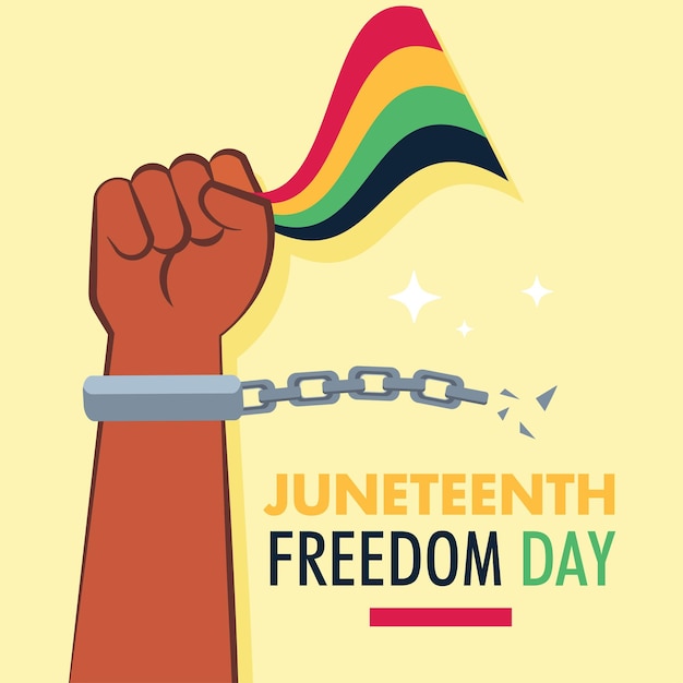 Vector juneteenth freedom day flag in hand protest breaking chain handcuffs black people background poster vector