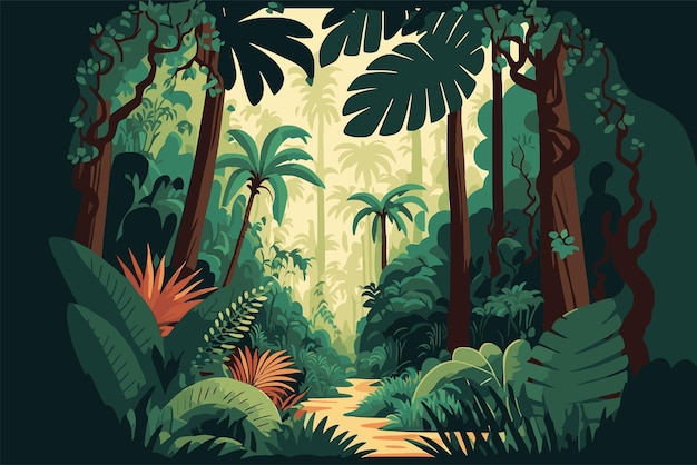 Jungle achtergrond Vector egale kleur cartoon illustratie Heldere jungle in de ochtend