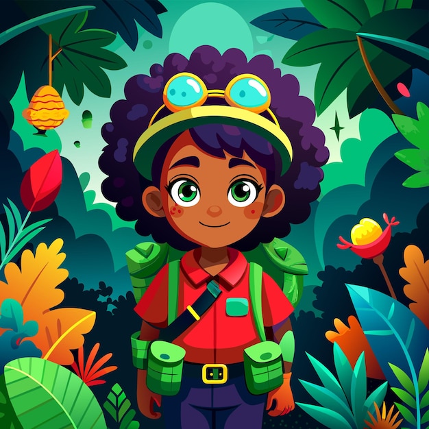 Vector jungle adventure black girl animated character hand drawn mascot cartoon character sticker