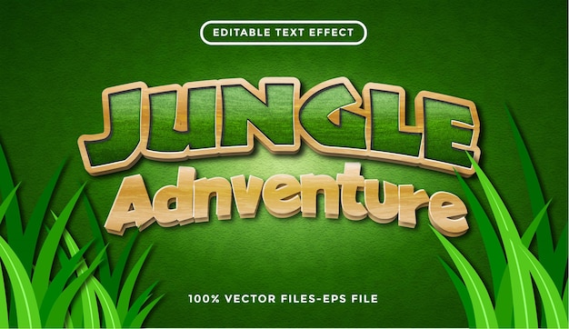 Текстовый эффект приключений в джунглях, редактируемый мультяшный стиль и стиль текста в лесу premium векторы