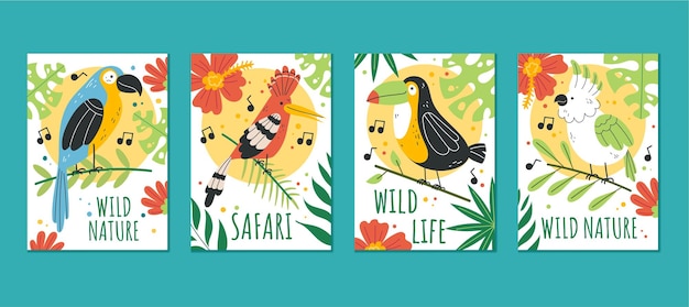 Jungle Afrikaanse vogels kaarten sjabloon illustratie grafisch ontwerp set collectie