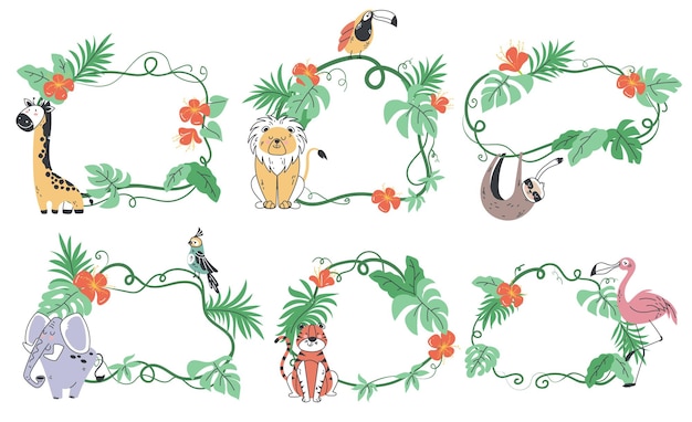 Jungle animal frame tropical safari card border concept set graphic design illustration