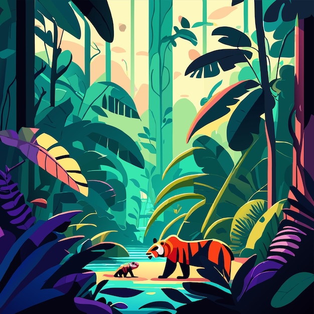 Animali della giungla foresta tropicale disegnato a mano piatto elegante adesivo cartone animato icona concetto isolato