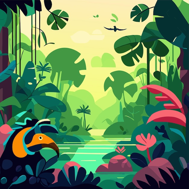 벡터 정글 동물 열대 숲 손으로 그려진 평평한 세련된 만화 스티커 아이콘 개념 고립