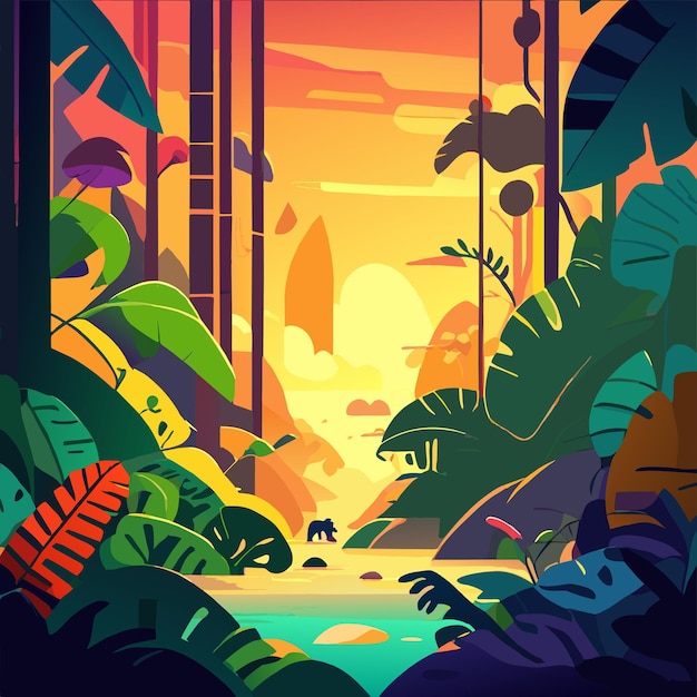 정글 동물 열대 숲 손으로 그려진 평평한 세련된 만화 스티커 아이콘 개념 고립