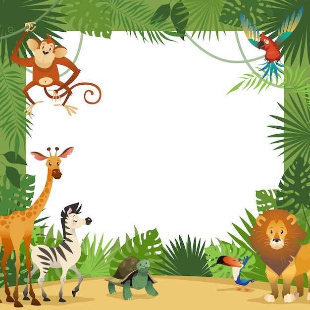 Vettore carta di animali della giungla. cornice foglie tropicali animali che accolgono i bambini del partito del modello del confine dello zoo dell'insegna del bambino