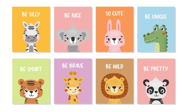 jungle animals isolated cute animals kids posters cartoon cards for kids
