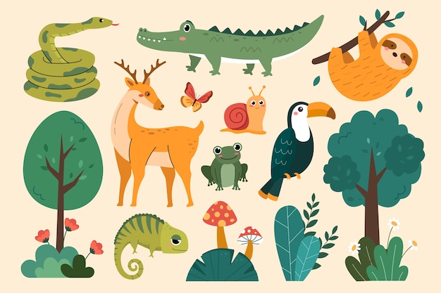 Jungle animals and plants in flat design