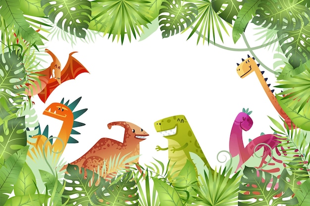 Sfondo della giungla. dinosauri divertenti su sfondo della foresta pluviale, drago animale e rettile di natura carina nella foresta, cornice vuota luminosa infantile o modello di confine, illustrazione isolata del fumetto di vettore