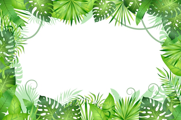 Jungle background. Tropical leaves frame. Rainforest foliage plants, green grass trees. Paradise wildlife jungle