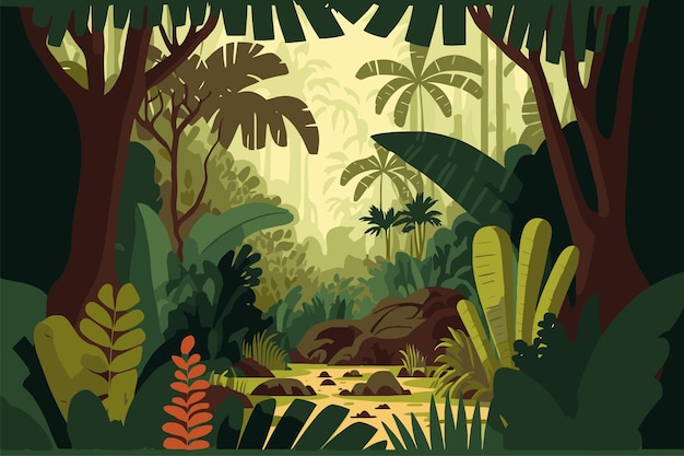 Jungle background Vector flat color cartoon illustration Bright jungle in the morning